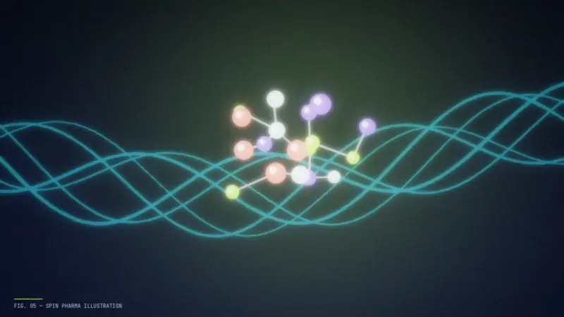 Abstract editorial illustration of lime and cyan molecular shapes branching along a long winding path, suggesting the journey from molecule to medicine; an original illustration.