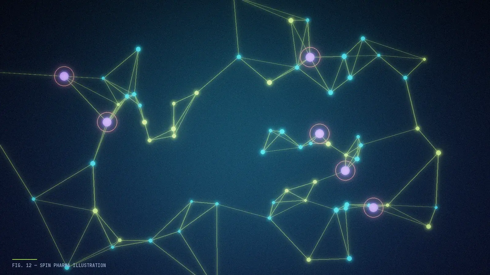 Abstract editorial illustration of a transit-style map with branching routes and stations, representing the paths a biotech startup can take.