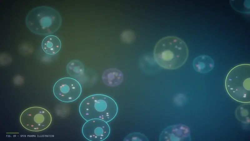 Abstract editorial illustration of a cluster of glowing cells, a few dimmed and radiating faint signals, with small bean-shaped mitochondria visible inside.
