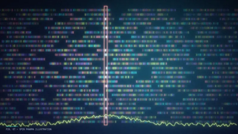 Abstract editorial illustration of a DNA double helix unspooling into lines of glowing letters, some highlighted and some faded to suggest known and unknown meaning.