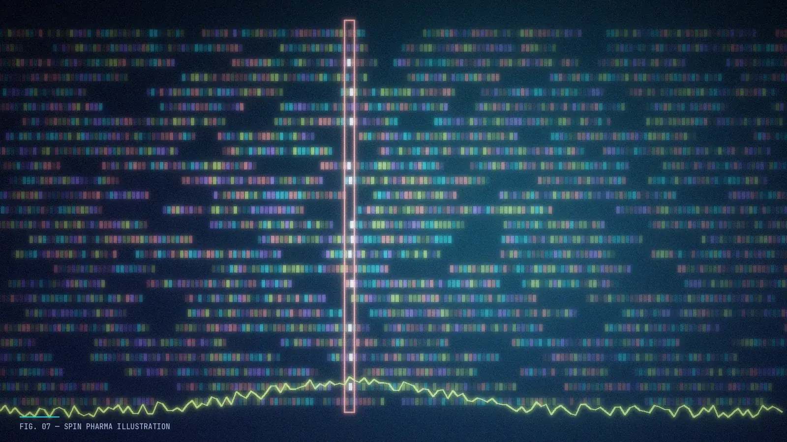 Abstract editorial illustration of a DNA double helix unspooling into lines of glowing letters, some highlighted and some faded to suggest known and unknown meaning.