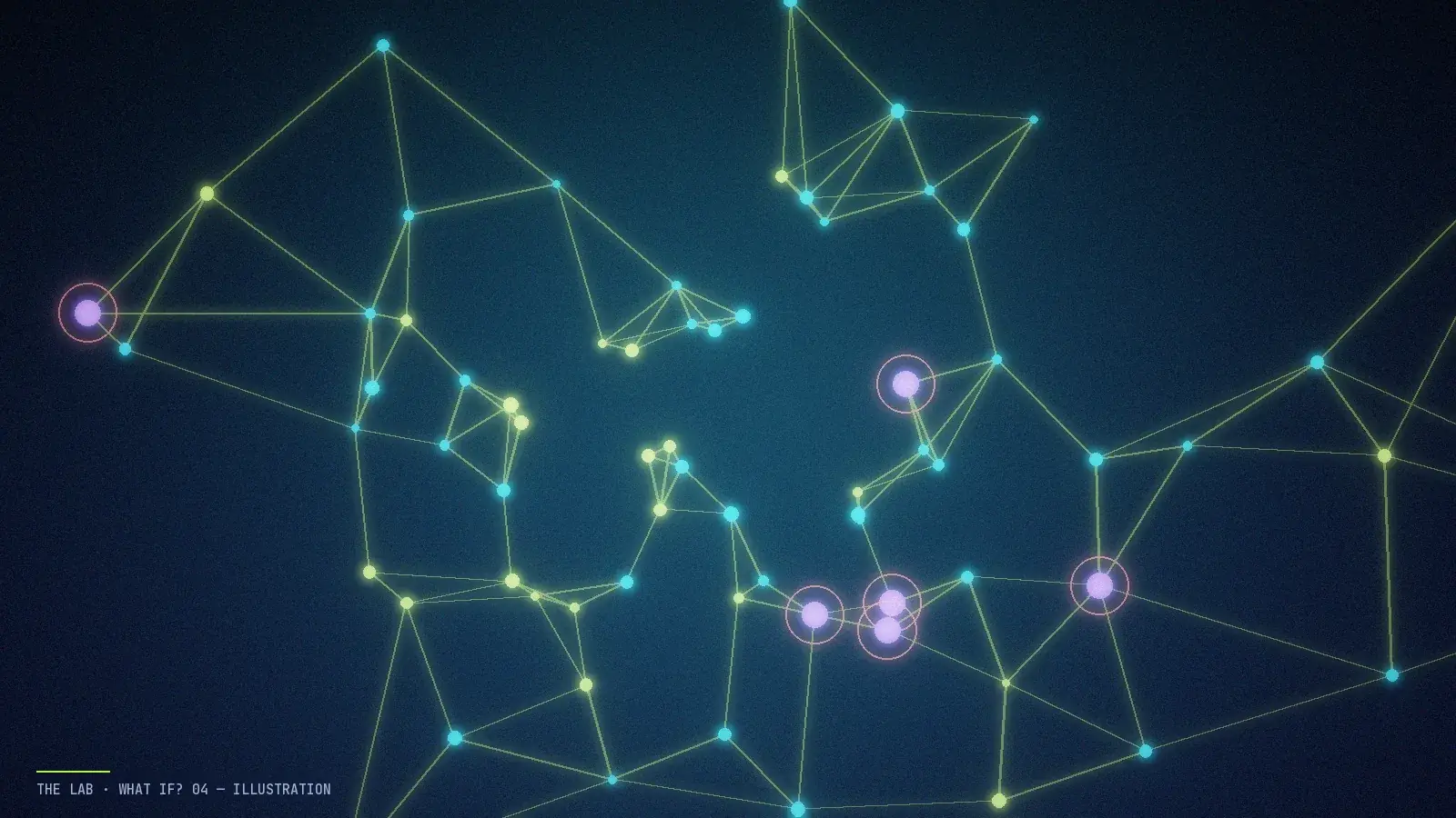 Abstract illustration of a dense web of connected nodes, with a few pathways brightening as they converge on one highlighted node.