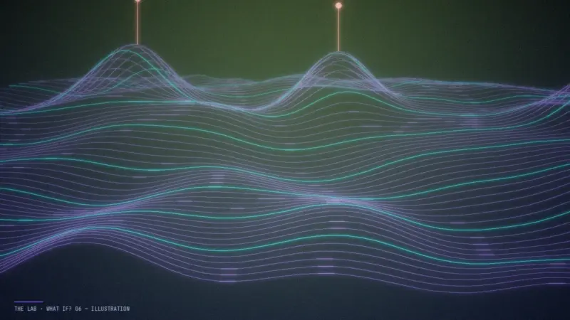 Abstract illustration of rolling contour lines forming a landscape, with two gently diverging paths running across it.