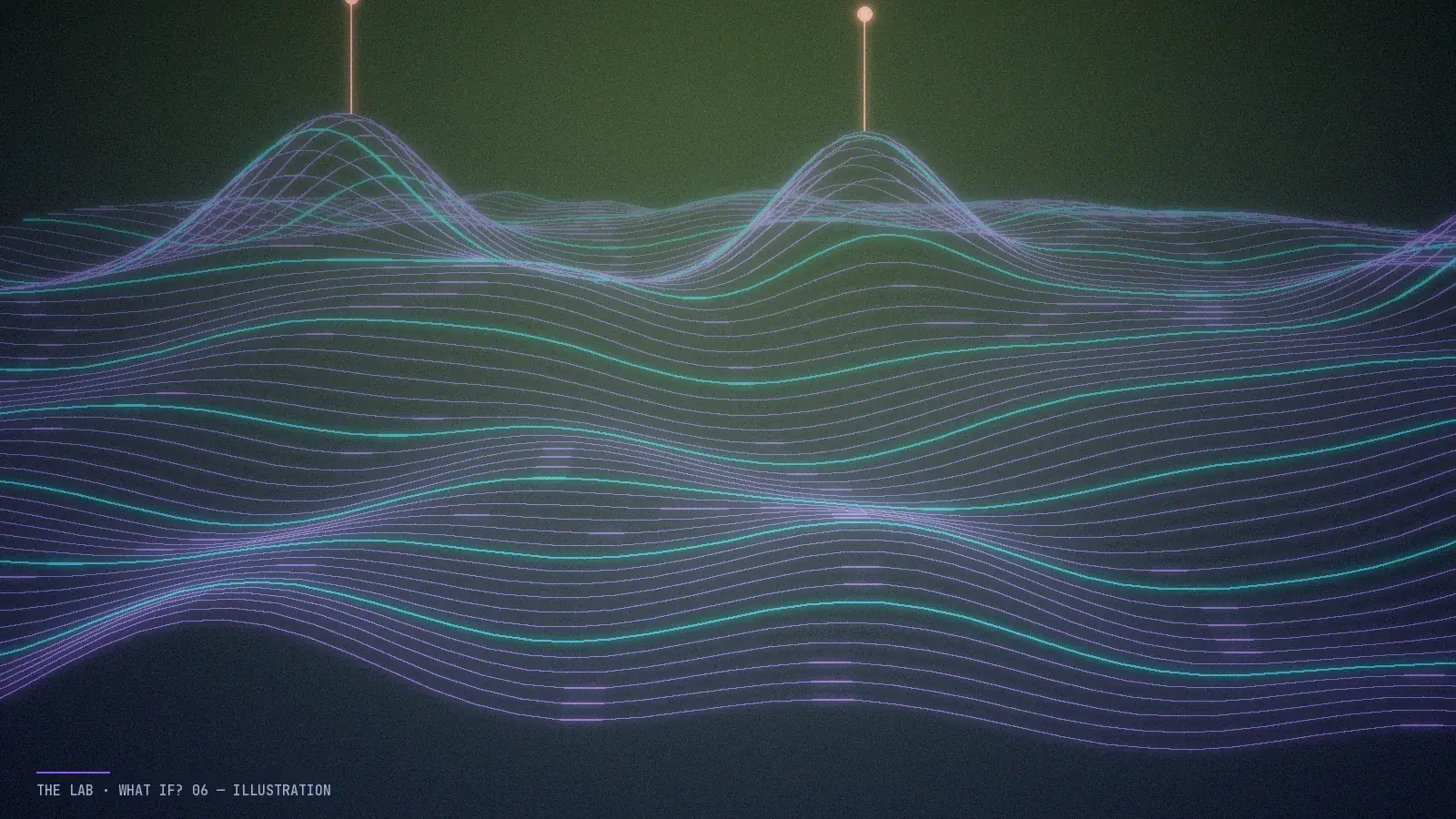 Abstract illustration of rolling contour lines forming a landscape, with two gently diverging paths running across it.