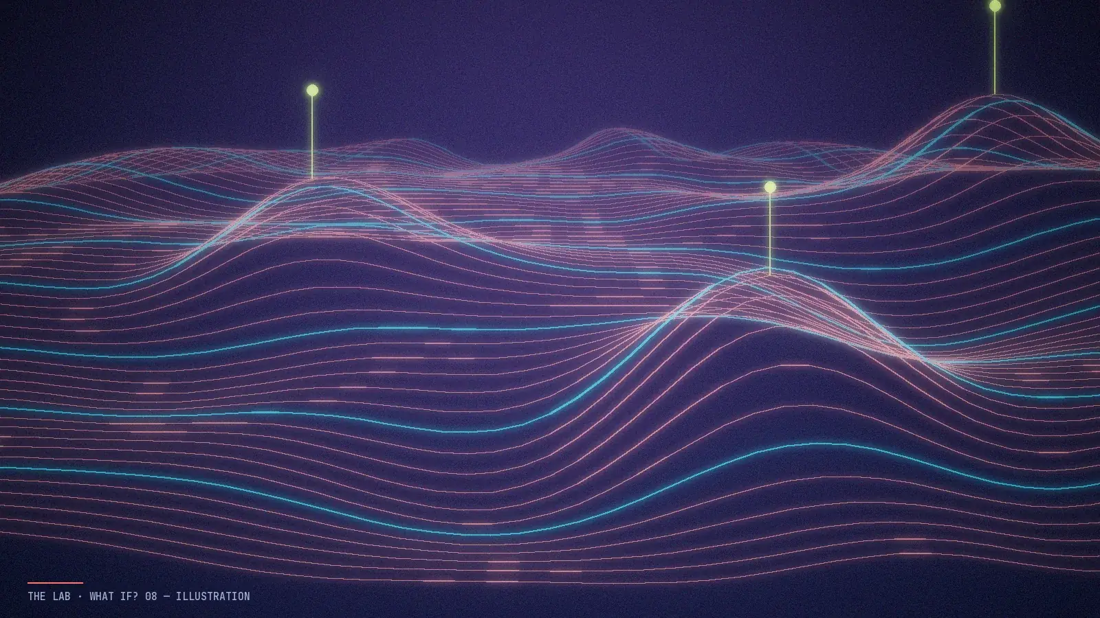 Abstract illustration of a human-shaped outline made of flowing lines mirrored by a second outline built from grid points and data streams.