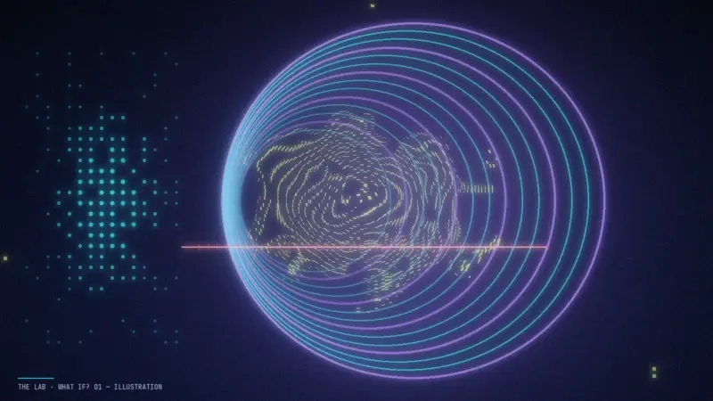 Abstract illustration of a ring-shaped scanner made of concentric arcs, with scattered dots of signal converging into a sharp grid pattern at the centre.