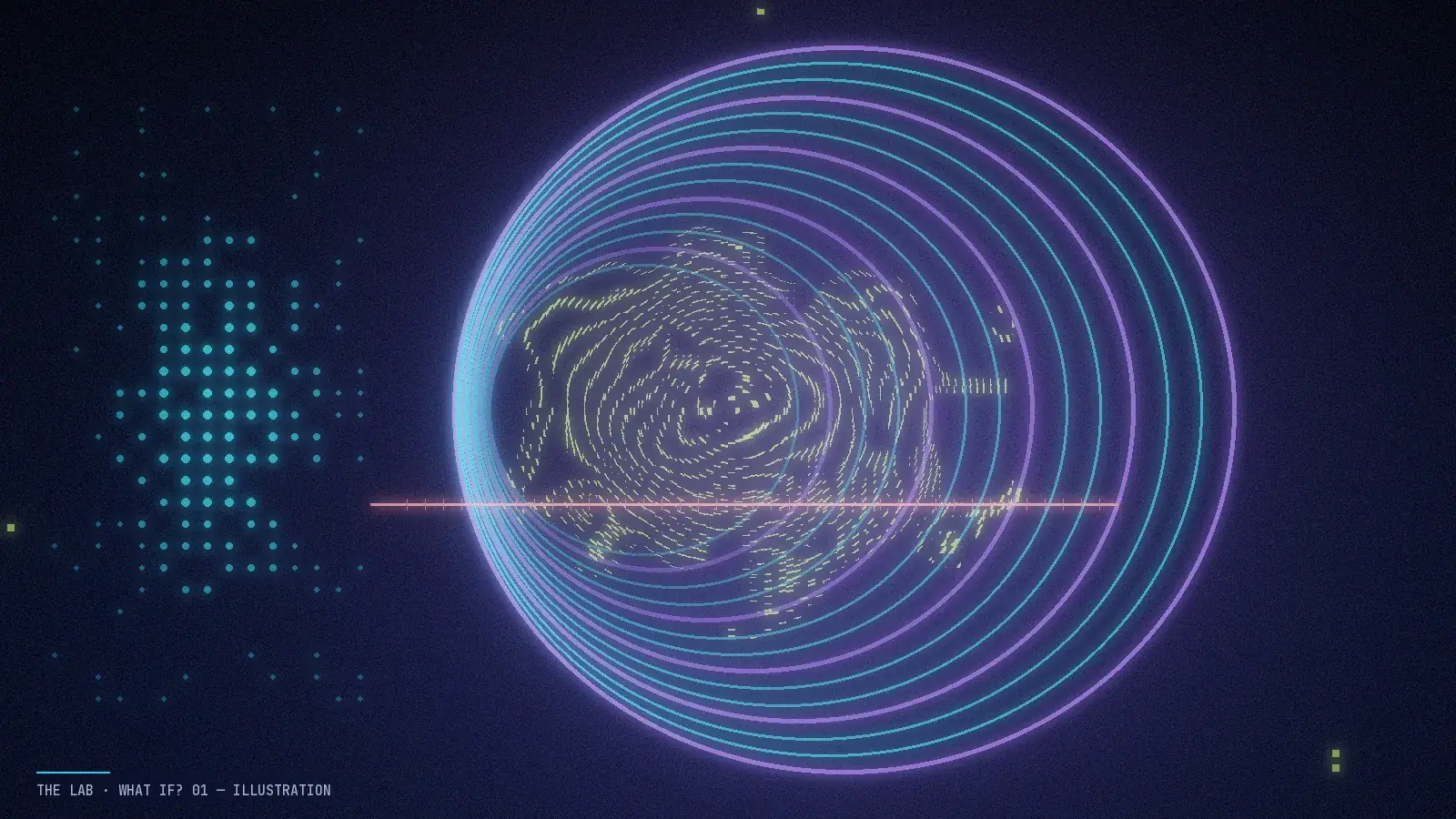 Abstract illustration of a ring-shaped scanner made of concentric arcs, with scattered dots of signal converging into a sharp grid pattern at the centre.
