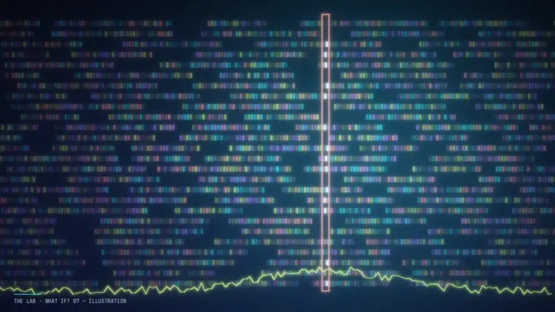 Abstract illustration of a softly twisting double ribbon with a few rungs highlighted in contrasting colours, branching toward different symbolic paths.