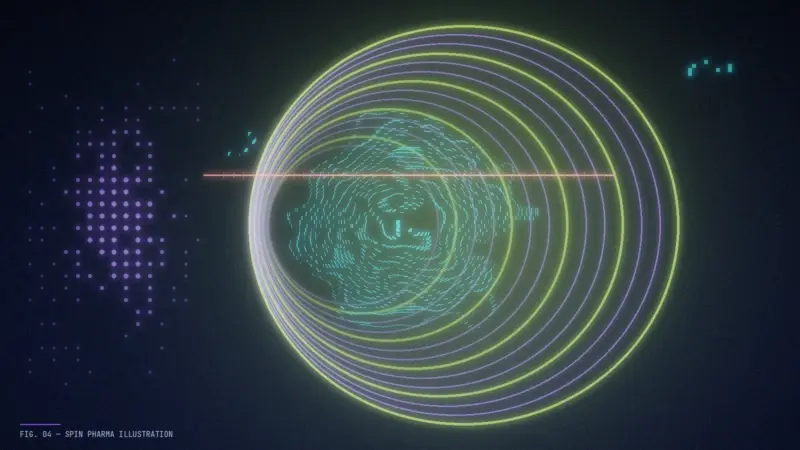 Abstract editorial illustration of concentric violet rings with lime lines converging into a sharpening grid, suggesting an MRI image being reconstructed; an original illustration, not a real scan.