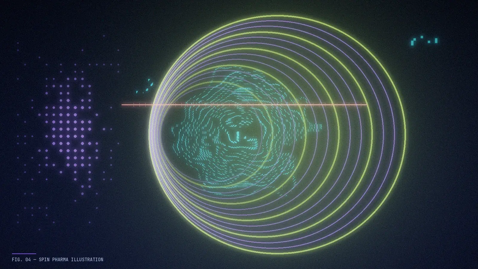 Abstract editorial illustration of concentric violet rings with lime lines converging into a sharpening grid, suggesting an MRI image being reconstructed; an original illustration, not a real scan.