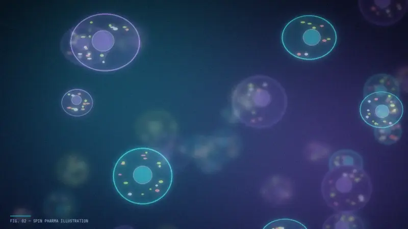 Abstract editorial illustration of stylised immune cells in cyan surrounding violet tumor cells, with molecular shapes suggesting targeted drugs; an original illustration, not a microscope image.
